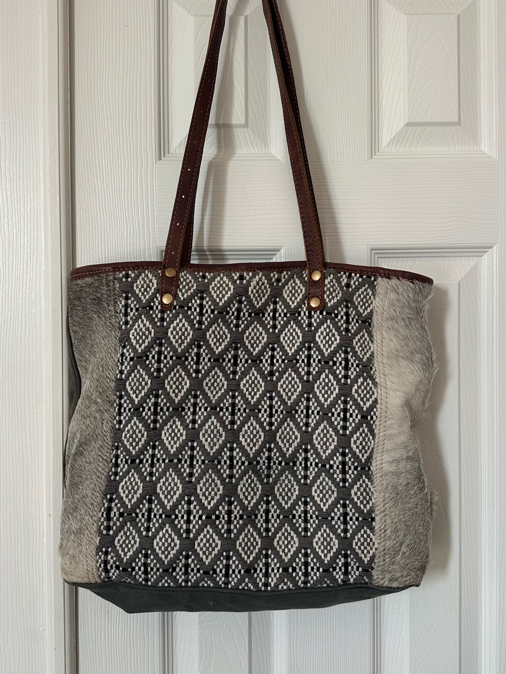 Myra Bag Black-and-White Woven Tote with Brown Straps